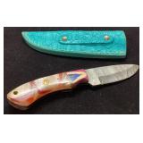 Custom Knife with Damascus Steel Blade and Leather