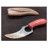 Custom Knife with Decorated Blade, Red Handle, and