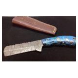 Handcrafted Knife with Blue Handle and Leather She