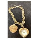 Gold-Tone Heart Pendant Charm Bracelet With Watch
