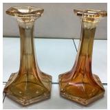 Amber-Colored Glass Candlesticks, Approximately 7