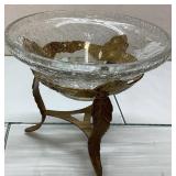 Glass Bowl with Metal Leaf-Design Base, Approx. 8