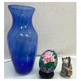 Cobalt Blue Glass Vase, Cloisonne Egg on Stand, an