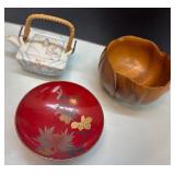 Three Decorative Items: Teapot, Wooden Bowl, and L