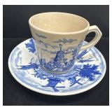 Delfts Blue Hand-Painted Cup and Saucer with Windm