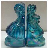 Blue Iridescent Glass Boy and Girl Bookends