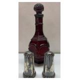 Ruby Red Glass Decanter with Pair of Silver-Tone S