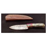 Handcrafted Damascus Steel Knife with Leather Shea