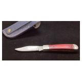 Folding Knife With Red Handle and Leather Sheath,