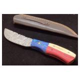 Fixed Blade Knife with Damascus Steel and Leather