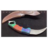 Curved Blade Knife with Multicolor Handle and Leat
