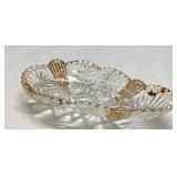 Clear Oval Cut Glass Dish with Gold Accents, Appro
