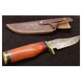 Damascus Steel Knife with Leather Sheath, 8 Inches