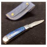 Blue Handled Folding Knife with Embossed Leather S