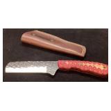 Handcrafted Knife with Red and Yellow Handle and L