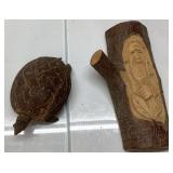 Carved Wooden Turtle and Tree Trunk with Face Moti