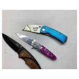 Three Folding Knives With Wood, Metal, and Colored