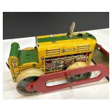 Vintage Tin Lithograph Bulldozer Toy with Moving P