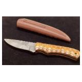 Damascus Steel Knife With Carved Handle and Leathe