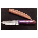 Damascus Steel Knife with Purple Handle and Leathe