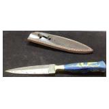 Damascus Steel Knife with Blue Resin Handle and Le