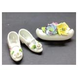 Porcelain Miniature Shoes and Canoe with Floral De