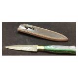 Damascus Steel Knife with Green Handle and Leather