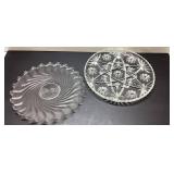 Two Clear Glass Platters with Swirl and Starburst