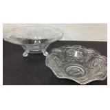 Two Clear Glass Bowls with Floral Designs and Foot