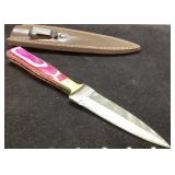 Damascus Steel Knife With Pink Handle and Leather