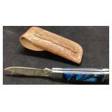 Damascus Steel Folding Knife With Blue Handle and