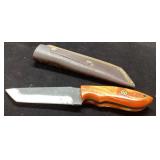 Knife with Carved Wood Handle and Leather Sheath,