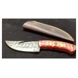 Knife with Damascus Steel Blade, Wooden Handle, an