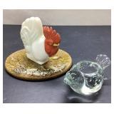 Ceramic Chicken Figurine, Oval Plate, and Clear Gl