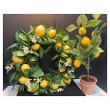 Artificial Lemon Wreath and Potted Lemon Tree Deco