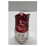 Red and Clear Glass Pitcher with Etched Design, Ap