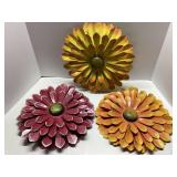 Three Metal Flower Wall Decor Plaques, 13 Inches W