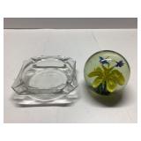 Clear Glass Ashtray and Floral Paperweight with Bu
