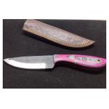 Custom Knife with Pink Handle and Leather Sheath