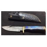 Damascus Steel Knife with Leather Sheath, 8 Inches