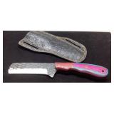 Handcrafted Knife with Damascus Blade and Leather