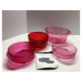 Four Clear Pink and Red Plastic Bowls with Missing