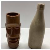 Stoneware Bottle and Ceramic Tiki Vase Set