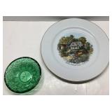 Decorative Plate with Scene and Green Glass Bowl