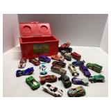 Red Plastic Storage Box with Assorted Toy Cars