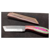 Handmade Knife with Multicolored Handle and Leathe