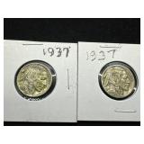 Two 1937 Buffalo Nickels in Protective Holders