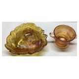 Carnival Glass Leaf Pattern Bowl and Embossed Ambe