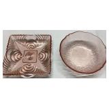 Two Pink Depression Glass Bowls: Square and Round