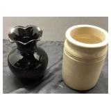 Black Glass Vase and Cream Stoneware Jar Set